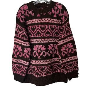 Handmade Wool Knit Sweater Women’s XL Fair Isle Geometric Warm Fall Brown Pink